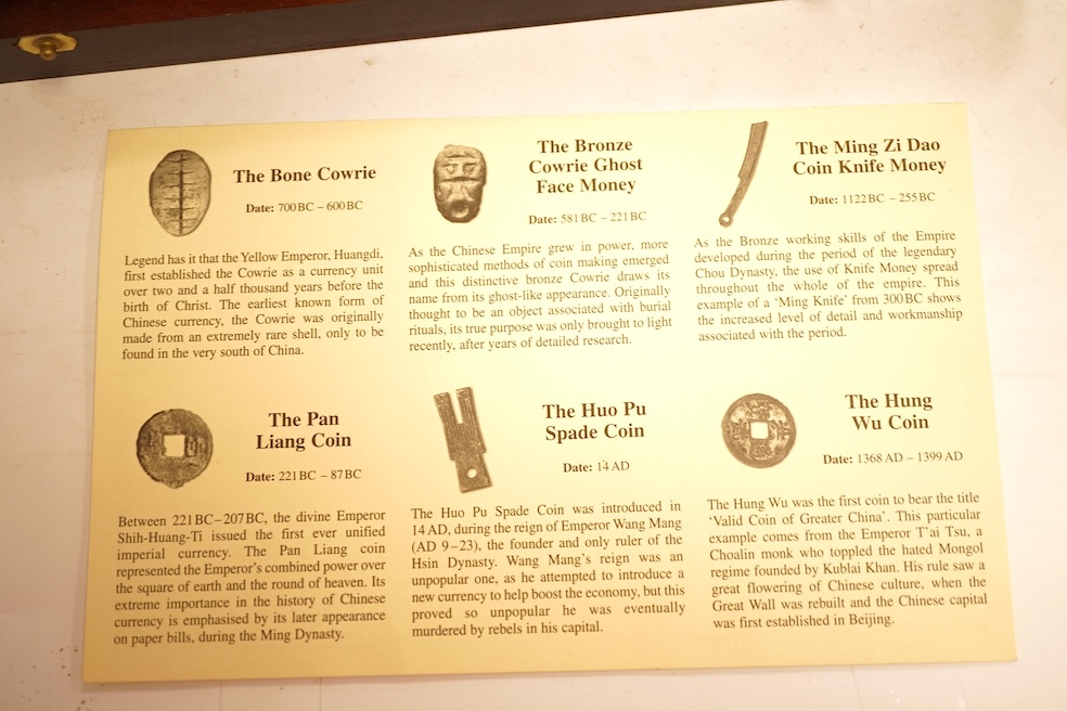 Westminster, coins of ancient China collection, including bone cowrie, the bronze to cowrie ghost face money, Ming Zi Dao coin knife money, Pan Liang coin, Zhuo Pu spade coin, and Hung Wu coin
